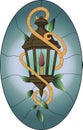 Stained glass pattern of old brown lantern with green leaves and oval background