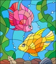 Stained glass picture of aquarium fishes on the background of water and algae