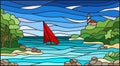 Stained glass picture with sea views, sailing in rocky Bay on the background of sea and sun