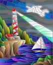 Stained glass picture of the seascape, lighthouse and sailboat