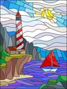 Stained glass picture of the seascape, lighthouse and sailboat