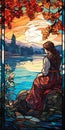 Stained Glass Art: Serene Susan Overlooking Lake In Detailed Illustration