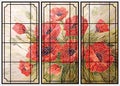 Stained glass red poppies on a beige background. Triptych in three black frames