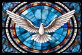 stained glass representation of the holy spirit, white pigeon flying dove on stained glass window, background graphic resource Royalty Free Stock Photo