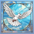 stained glass representation of the holy spirit, white pigeon flying dove on stained glass window, background graphic resource Royalty Free Stock Photo