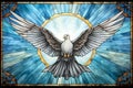 stained glass representation of the holy spirit, white pigeon flying dove on stained glass window, background graphic resource Royalty Free Stock Photo