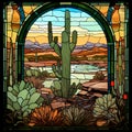 Stained Glass Scene Cactus: A Majestic Composition In Phoenician Art Style