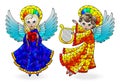 Stained glass set of elements, cute cartoon angels , coloured figures on a white background