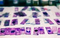 Stained glass slides of peripheral blood smear with violet leishman giemsa stain in hematology pathology laboratory Royalty Free Stock Photo