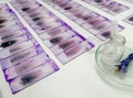 Stained glass slides of peripheral blood smear with violet leishman giemsa stain is isolated in hematology department