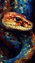 Stained Glass Snake on Dark Background. Generative AI