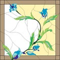 Stained glass style with abstract blue flowers. Square frame. Classical style. Royalty Free Stock Photo