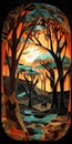 Stained Glass Sunset Tree: Layered Landscape Illustration