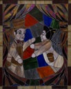 Stained glass of Two guignol fighting Royalty Free Stock Photo