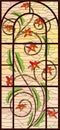 Stained glass vertical. Bending branches and flowers