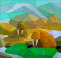 Stained glass with walruses in colorful northern landscape