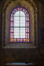 stained glass window in the baptismal chapel, former S.Leonardo chapel inside the Jeronimos church