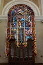 A stained-glass window behind the organ in the Metropolitan Cathedral in Porto Alegre, Brazil