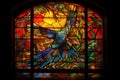 stained glass window, with a bird in flight, bringing light and color to the space Royalty Free Stock Photo