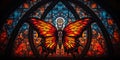 A stained glass window with a butterfly on it. Generative AI image. Royalty Free Stock Photo