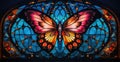 A stained glass window with a butterfly on it. Generative AI image. Royalty Free Stock Photo