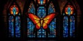 A stained glass window with a butterfly on it. Generative AI image. Royalty Free Stock Photo