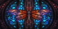 A stained glass window with a butterfly on it. Generative AI image. Royalty Free Stock Photo