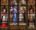 Stained glass window of Catholic Saints in Brussels Cathedral