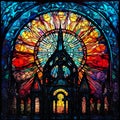 Stained glass window in a church with detailed patterns. AI-generated. Royalty Free Stock Photo
