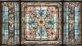 stained glass window in a church stained glass window with floral patterns soft hues. The window is divided into several panels Royalty Free Stock Photo