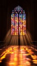 Stained glass window with colorful light projections in cathedral interior Royalty Free Stock Photo