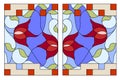 Stained glass window. Composition of stylized tulips, leaves