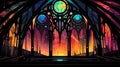 a stained glass window in a dark room with a sun in the background Royalty Free Stock Photo