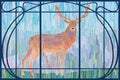 Stained glass window deer on a blue-green beautiful background. Drawing from pieces in a stylish Art Nouveau frame Royalty Free Stock Photo