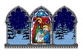 Stained glass window depicting a Christmas scene in an engraved gothic frame on a winter background