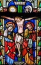 Crucifixion of Jesus Christ - Stained Glass in Sint Truiden Cathedral Royalty Free Stock Photo