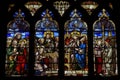 stained glass window, depicting a religious scene, in medieval cathedral Royalty Free Stock Photo