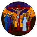 Stained glass window depicting the scene of the Crucifixion of Christ in a round frame