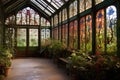 stained glass window details in a victorian greenhouse Royalty Free Stock Photo
