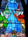 Stained glass window of the film fairies Sleeping Beauty from Walt Disney. Stained glass window of the Disneyland Paris castle. Eu