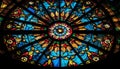 Stained glass window in Gothic style illuminates Catholic altar inside generated by AI Royalty Free Stock Photo