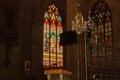 Stained glass in the window. Interior Catholic Cathedral. Manila, Philippines Royalty Free Stock Photo