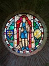 Stained glass window of King Edward by Rupert Moore at the Shaftsbury Abbey in Dorset, UK