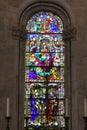 Stained glass window of Lucca Cathedral. Mosaic window of Cattedrale di San Martino. Tuscany. Italy.