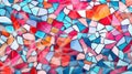Stained glass window made up of various irregular, colorful shapes arranged to create an abstract yet harmonious image.