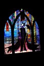 Stained glass window of Maleficent the witch from Disney`s Sleeping Beauty movie. Stained glass window of the Disneyland Paris cas