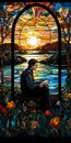 Stained Glass Window: Man Reading In Front Of Sunset