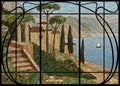 Stained glass window Mediterranean landscape. Painting the Italian coast