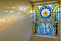 Stained glass window in the post office building. Yoshkar-Ola. Royalty Free Stock Photo