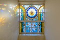 Stained glass window in the post office building. Yoshkar-Ola. Royalty Free Stock Photo